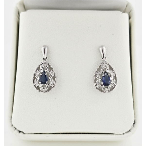 10K WHITE GOLD EARRINGS W/ SAPPHIRE & DIAMOND