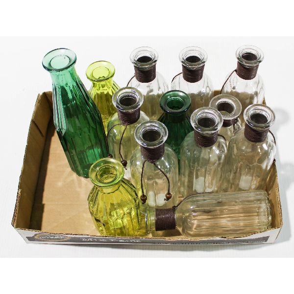 ASST. COLORED / CLEAR GLASS HOME DECOR BOTTLES
