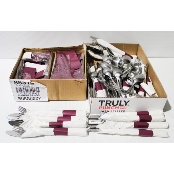 ASST. SPOONS KNIVES & FORKS W/ PAPER NAPKIN RINGS