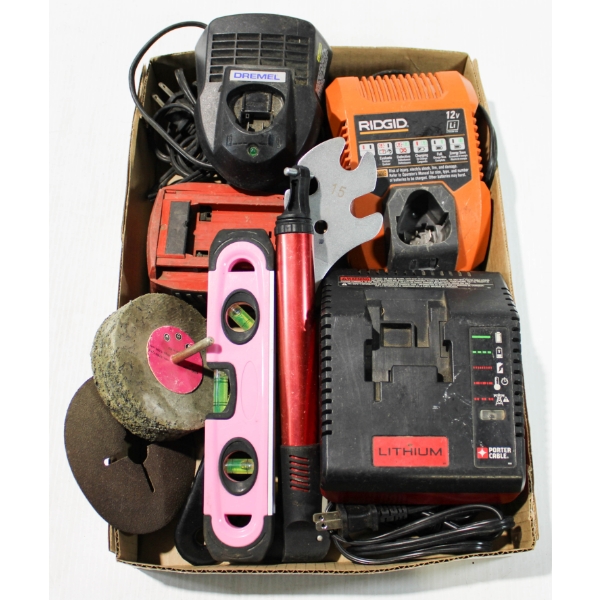  4 VARIOUS POWER TOOL BATTERY CHARGERS & MISC. TOOLS