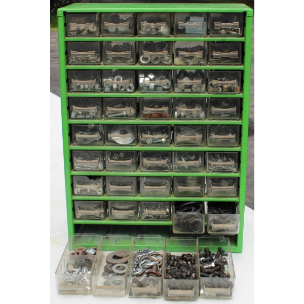 GREEN METAL PARTS BIN W/ CONTENTS
