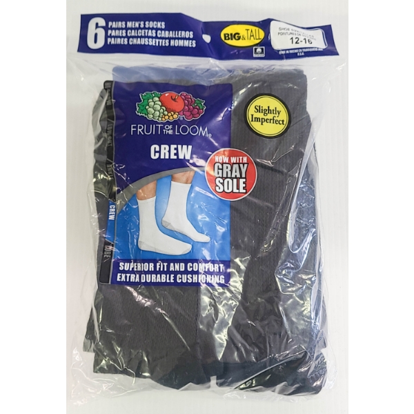 MEN'S FRUIT OF THE LOOM BIG & TALL BLACK CREW SOCKS