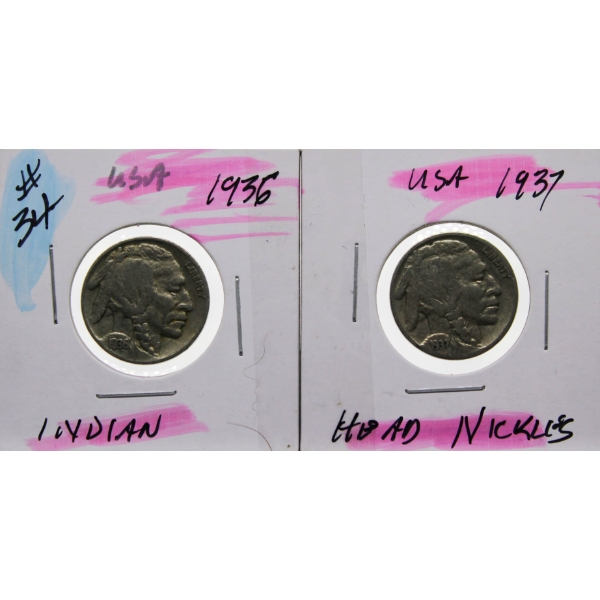 1936-'37 USA INDIAN HEAD 5 CENT COINS