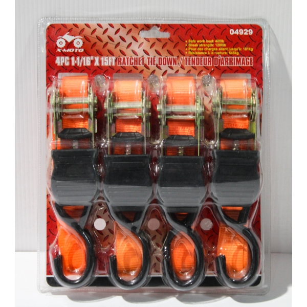 NEW X-MOTO 4PCS 1-1/6" X 15FT RATCHET STRAPS