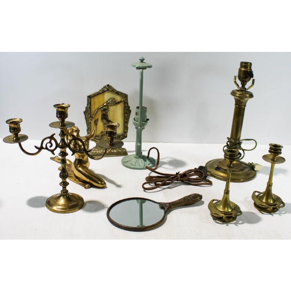  BRASS ORNAMENTS, VINTAGE LAMPS, BRASS HOOD ORNAMENTS