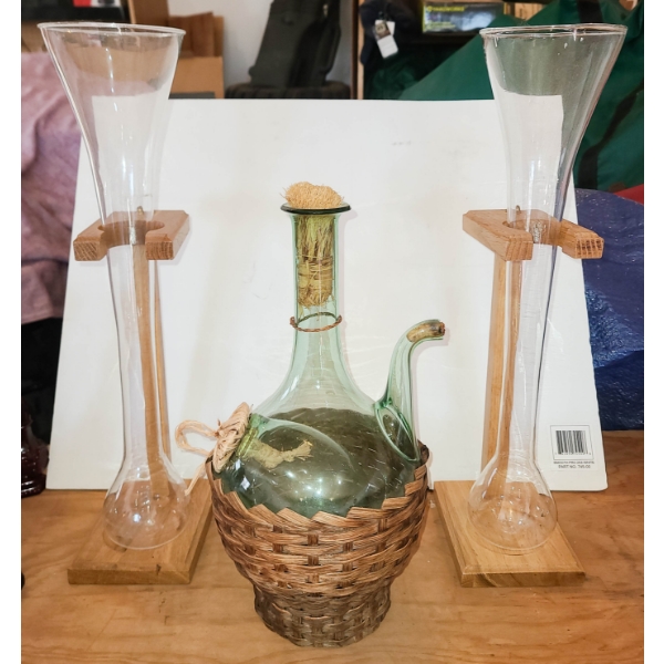 VINT. HAND BLOWN ITALIAN WINE DECANTER W/ STRAW TOPPER ETC.