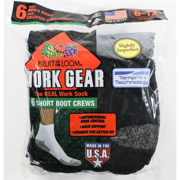 6 PR FRUIT OF THE LOOM MENS B&T SHORT BOOT CREW SOCKS