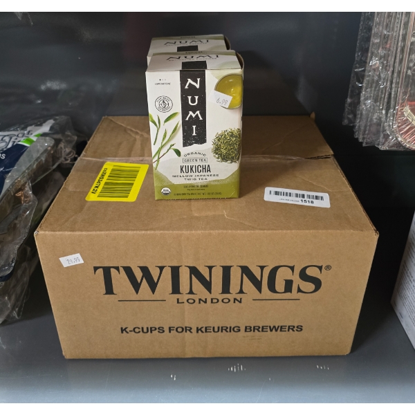 BOX OF TWININGS K-CUPS AND 2 BOXES KUKICHA TWIG TEA