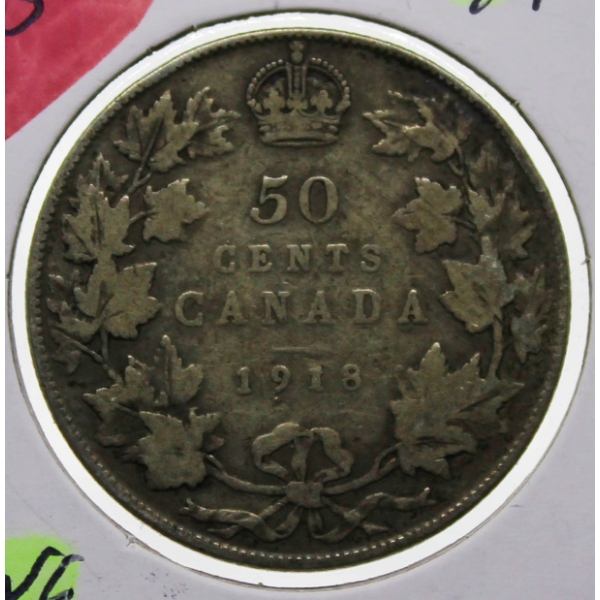 1918 CANADA KING GEORGE V SILVER 50 CENT COIN