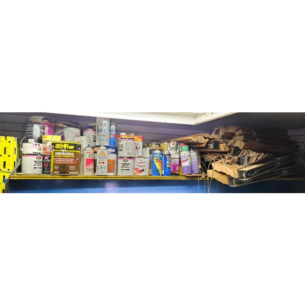 ASSORT. PAINTS, WOODEN HOUSE BLINDS, ETC.