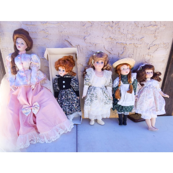 5 PORCELAIN DOLLS - LARGEST 23" H