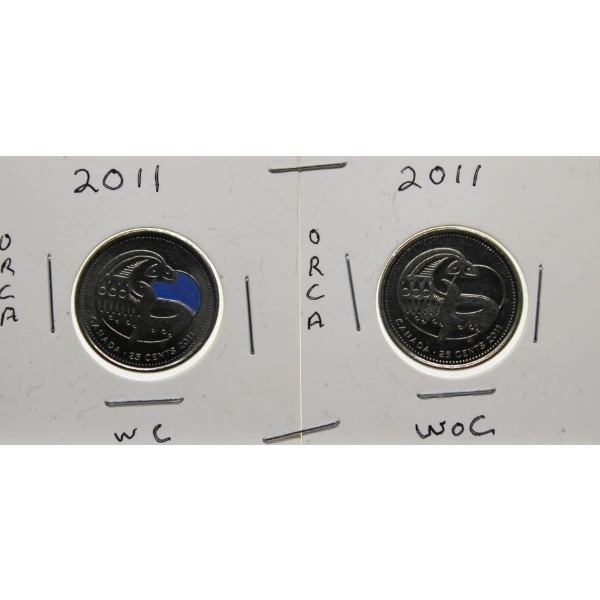 TWO 2011 CANADIAN ORCA WC & WOC 25 CENT COINS