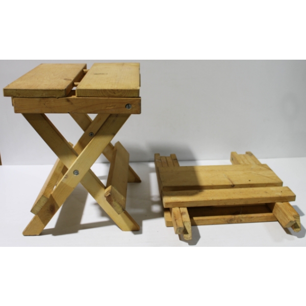 2 STURDY WOODEN FOLDING STOOLS