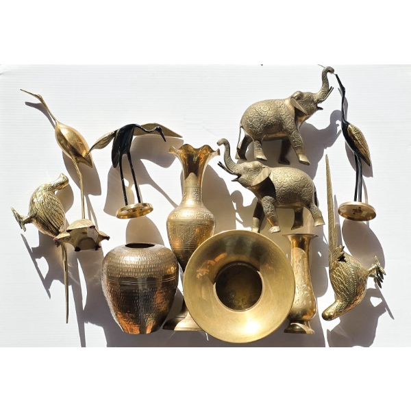 ASSORT. BRASS ANIMAL FIGURES, VASES AND SPITTOON