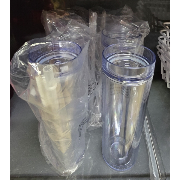 SIX CLEAR WATER BOTTLES WITH STRAWS