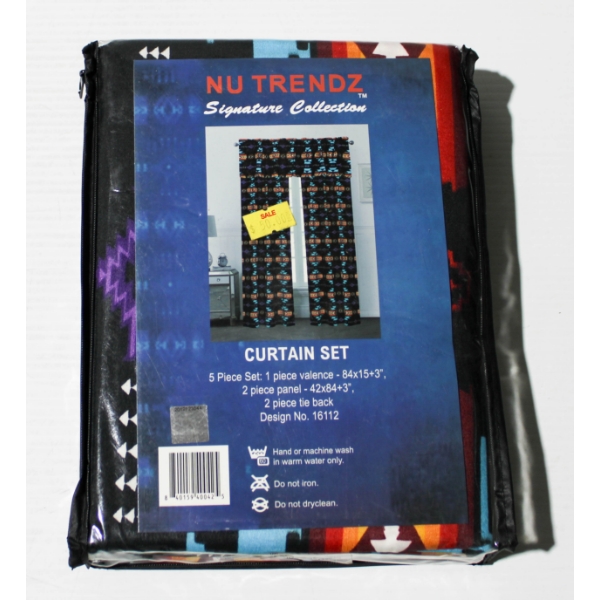 5PC NU TRENDZ CURTAIN SET - SOUTHWEST DESIGN - BLK