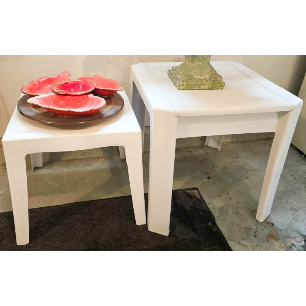 TWO WHITE PLASTIC TABLES