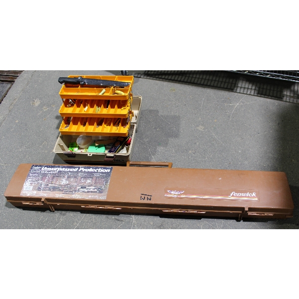 TACKLE BOX W/ CONTENTS & FENWICK FISHING ROD CASE 