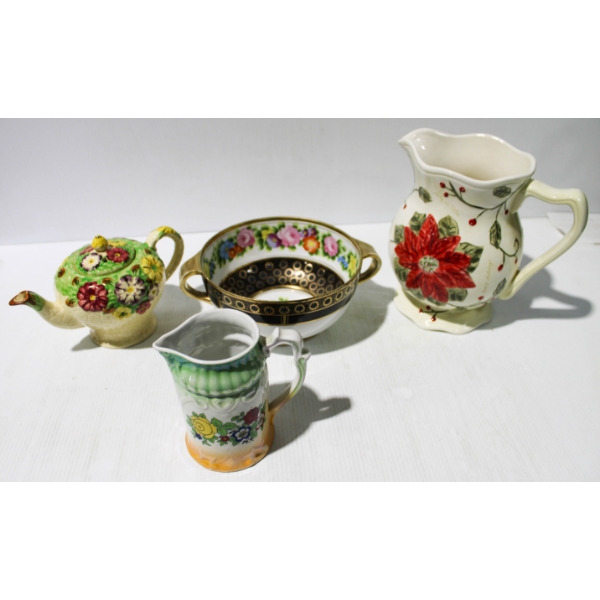 TWO VINTAGE PITCHERS, BOWL AND TEA POT
