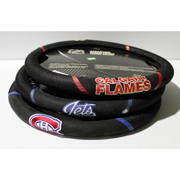 3 NEW NHL FANMATS STEERING COVERS - CALGARY FLAMES ETC.