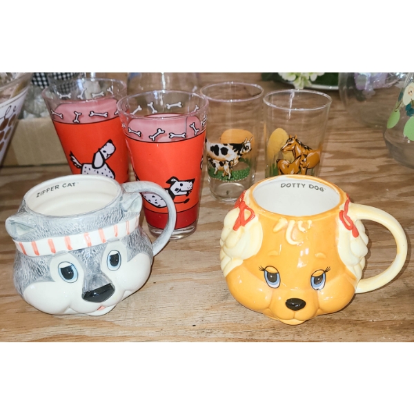 2 GET ALONG GANG CHARACTER MUGS & ASST. ANIMAL GLASSES