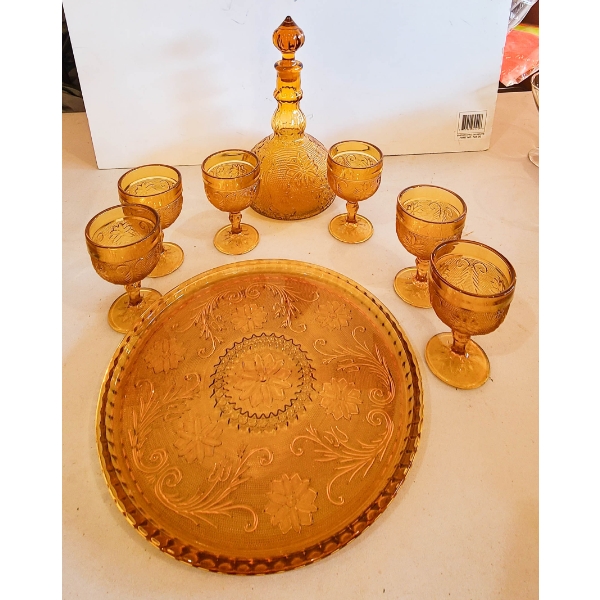 9PC TIARA INDIANA AMBER SANDWICH GLASS DECANTER SET