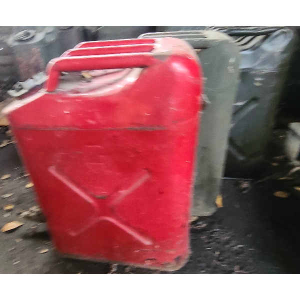 THREE 5 GALLON MILITARY FUEL CANS - ONE RED