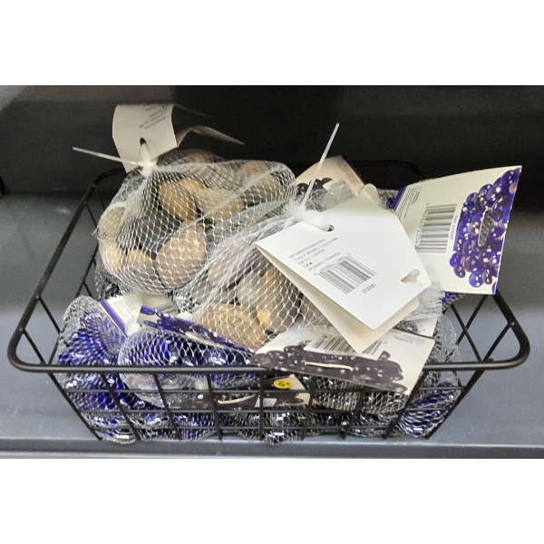 BASKET OF ROCKS AND DECORATIVE GLASS GEMS