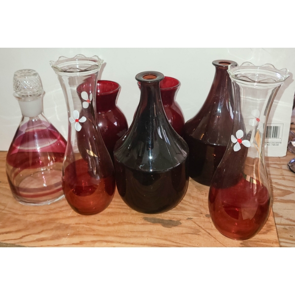 CRANBERRY GLASS & HAND PAINTED VASES W/ DECANTER