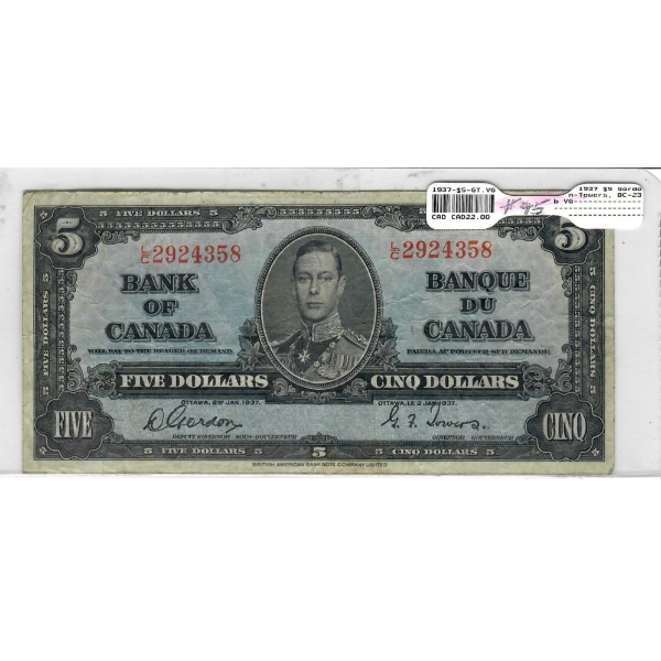 1937 CANADIAN $5 DOLLAR BANKNOTE