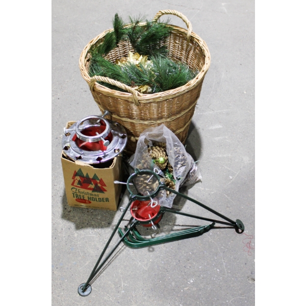 LARGE BASKET W/ 2 CHRISTMAS TREE STANDS / DECORATIONS