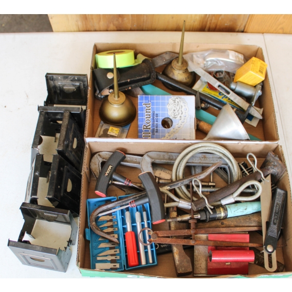 TWO FLATS OF ASSORTED TOOLS, CABLE AND HARDWARE