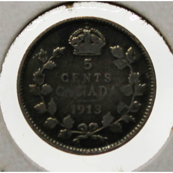 1913 CANADA SILVER KING GEORGE V 5 CENT COIN