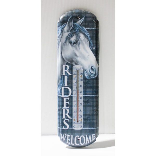 17"H "RIDERS WELCOME" HORSE THERMOMETER METAL SIGN