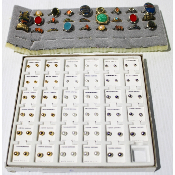 NEW 27 RINGS & 35 EARRINGS W/ DISPLAY - ASST. SIZES