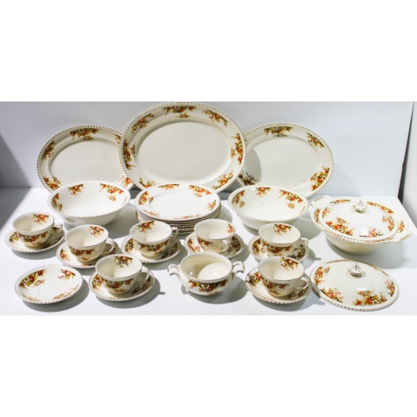 VINTAGE JOHNSON BROS. ORANGE FLORAL 28PC DINNERWARE SET