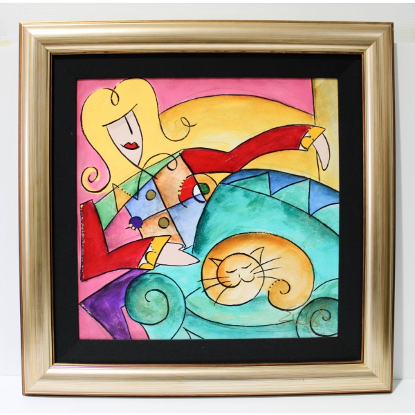 LADY & CAT ABSTRACT ERIC WAUGH SIGNED FRAMED PRINT