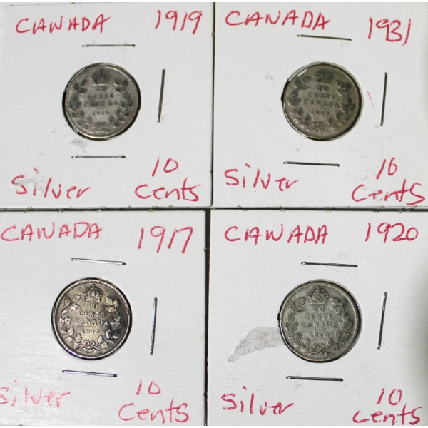 4 CANADA SILVER 10 CENT COINS  - 1917 - 1919 - 1920 - 1931