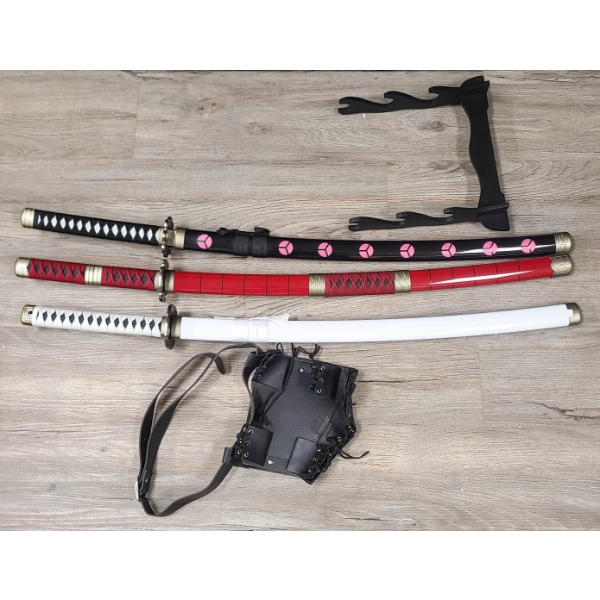 NEW 3 PCE SWORD SET WITH CARRY HOLSTER & DISPLAY RACK