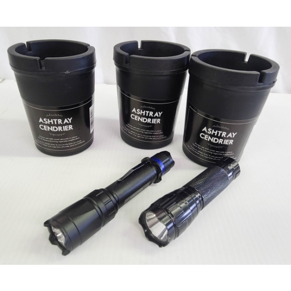 2 METAL FLASHLIGHTS & 3 PORTABLE ASHTRAYS