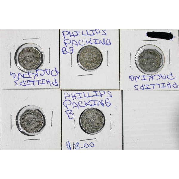 5 NEW PHILLIPS PACKING CO. TRADE TOKEN COINS