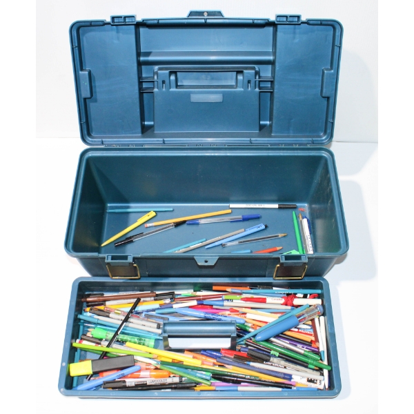 PLANO PLASTIC TOOL BOX (20"L X 9"W X 9" DEEP) & MARKERS ETC