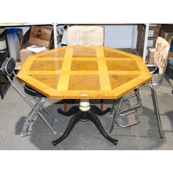 VINT. WOODEN TABLE W/ METAL BASE - CHAIR & 2 STOOLS