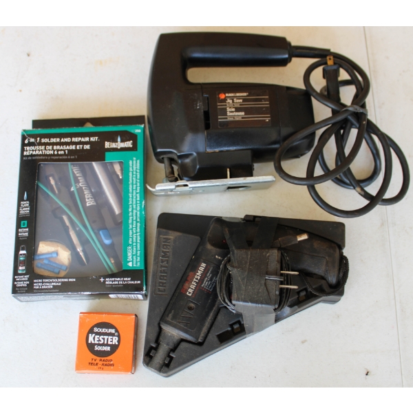 ASSORT. TOOLS INC. RIDGED PIPE WRENCH, JIG SAW, SOLDERING KIT AND MORE