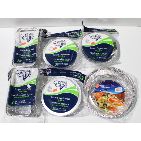 13 ASST. ALUMINUM FOIL CONTAINERS W/ LIDS & 3 PIE PLATES