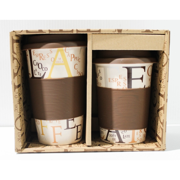 2PC CERAMIC TRAVEL MUG GIFT SET W/ LIDS