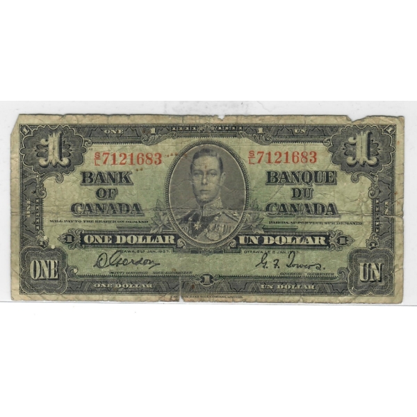 1937 BANK OF CANADA KING GEORGE VI $1 BANK NOTE