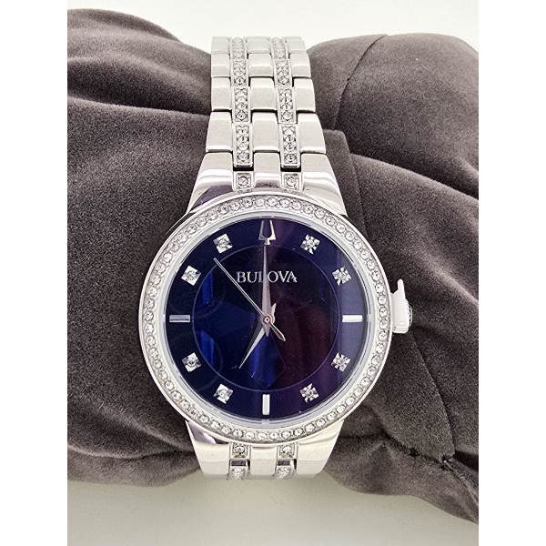 BULOVA LADIES SILVER TONE WATCH WITH BLUE FACE