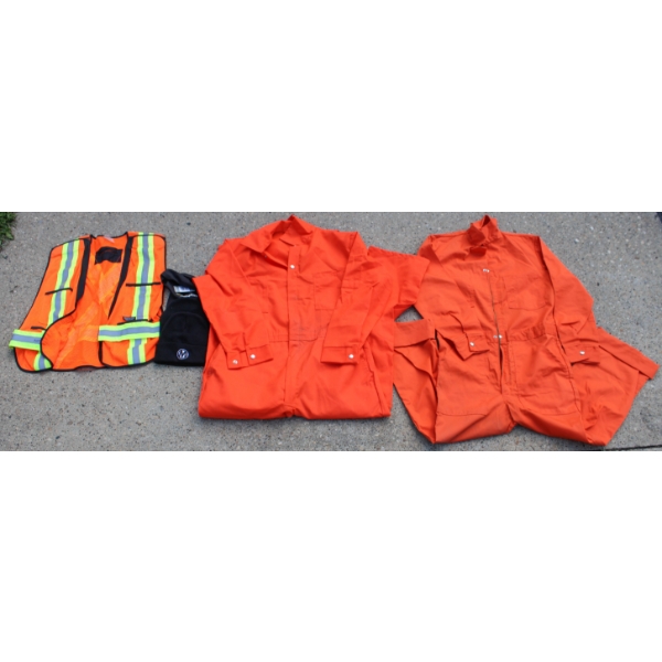 2 ORANGE WORK COVERALLS - SAFETY VEST ETC.