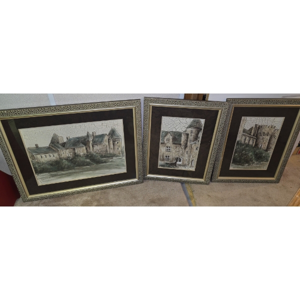 THREE PCS CASTLE VILLAGE FRAMED PRINTS